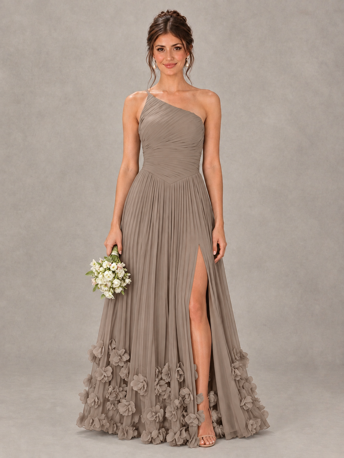 BOLODOO Taupe One-Shoulder Pleated Bridesmaid Dress with 3D Floral Hem - Taupe - Taupe_1
