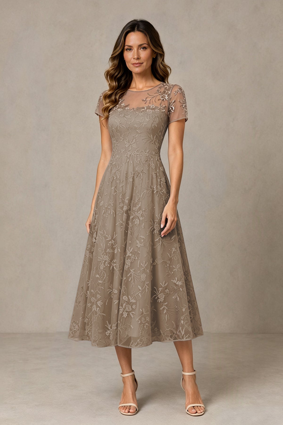 BOLODOO Taupe Textured Floral A-Line Dress with Short Sleeves - Taupe