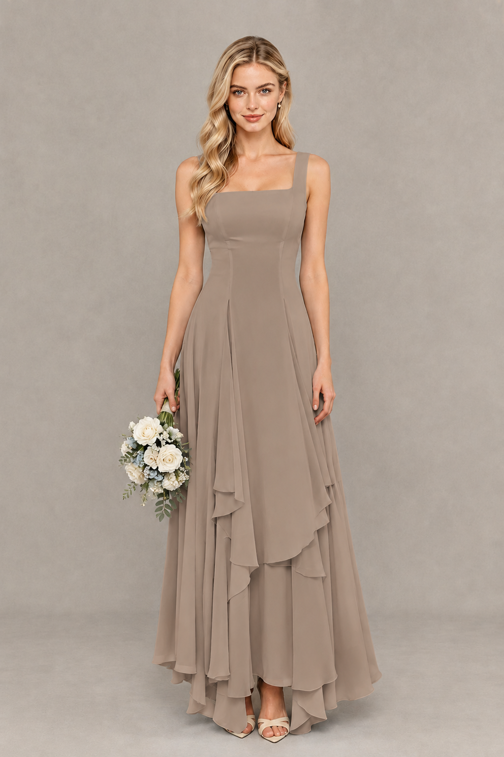 BOLODOO Taupe Square Neck Chiffon Bridesmaid Dress with Lace-Up Back - Taupe