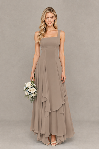 BOLODOO Taupe Square Neck Chiffon Bridesmaid Dress with Lace-Up Back - Taupe