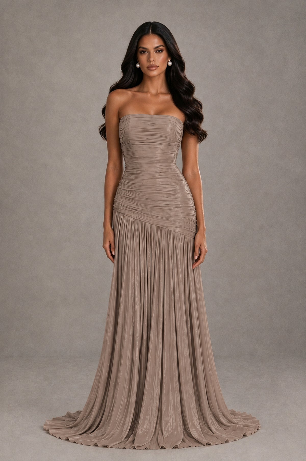 BOLODOO Taupe Metallic Ruched Strapless Pleated A-Line Backless Maxi Dress with Train - Taupe - Taupe_1
