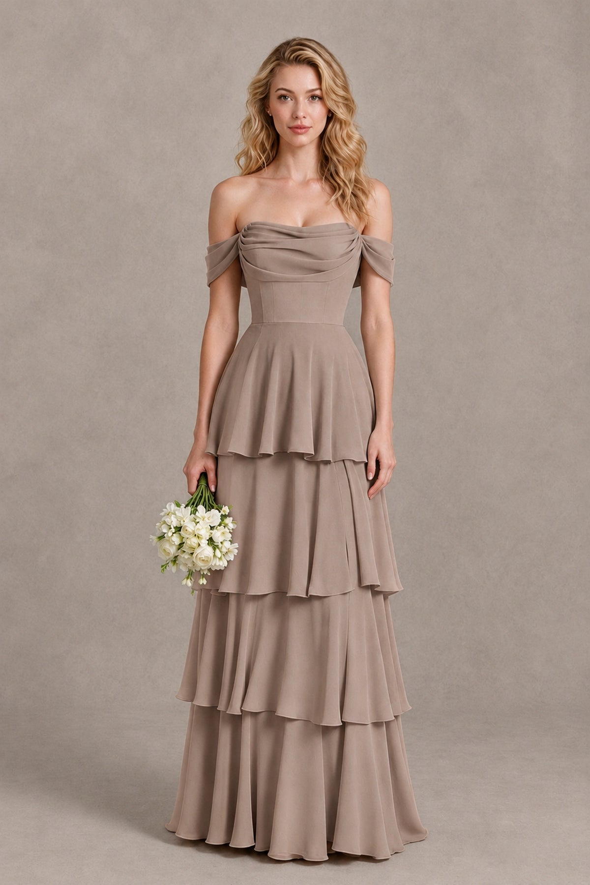 BOLODOO Taupe Off-the-Shoulder Tiered A-Line Evening Bridesmaid Dress - Taupe - Taupe_1