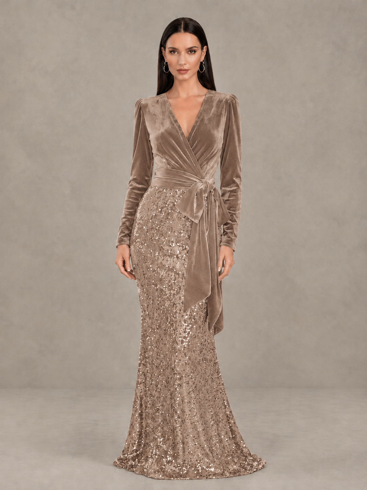 BOLODOO Taupe Velvet & Sequin Long Sleeve V-Neck Mermaid Evening Gown - Taupe - Taupe_1
