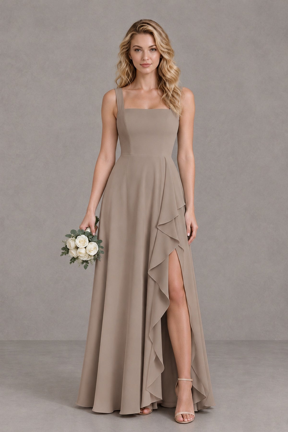 BOLODOO Taupe Square Neck Ruffle A-Line Bridesmaid Dress with Slit - Taupe - Taupe_1