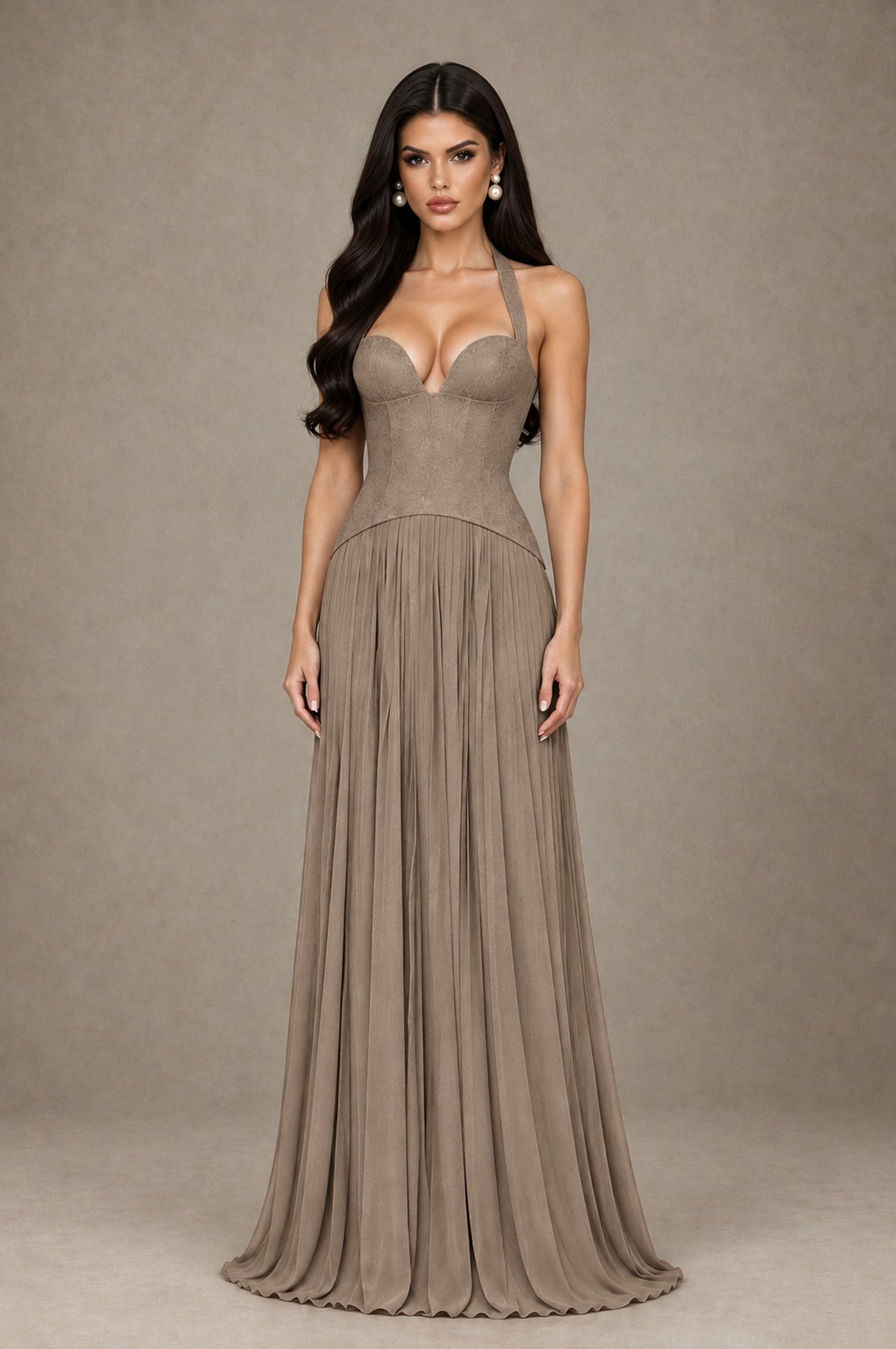BOLODOO Taupe Halter Corset Pleated A-Line Evening Dress - Taupe - Taupe_1