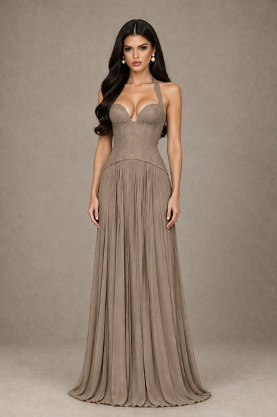 BOLODOO Taupe Halter Corset Pleated A-Line Evening Dress - Taupe - Taupe_1