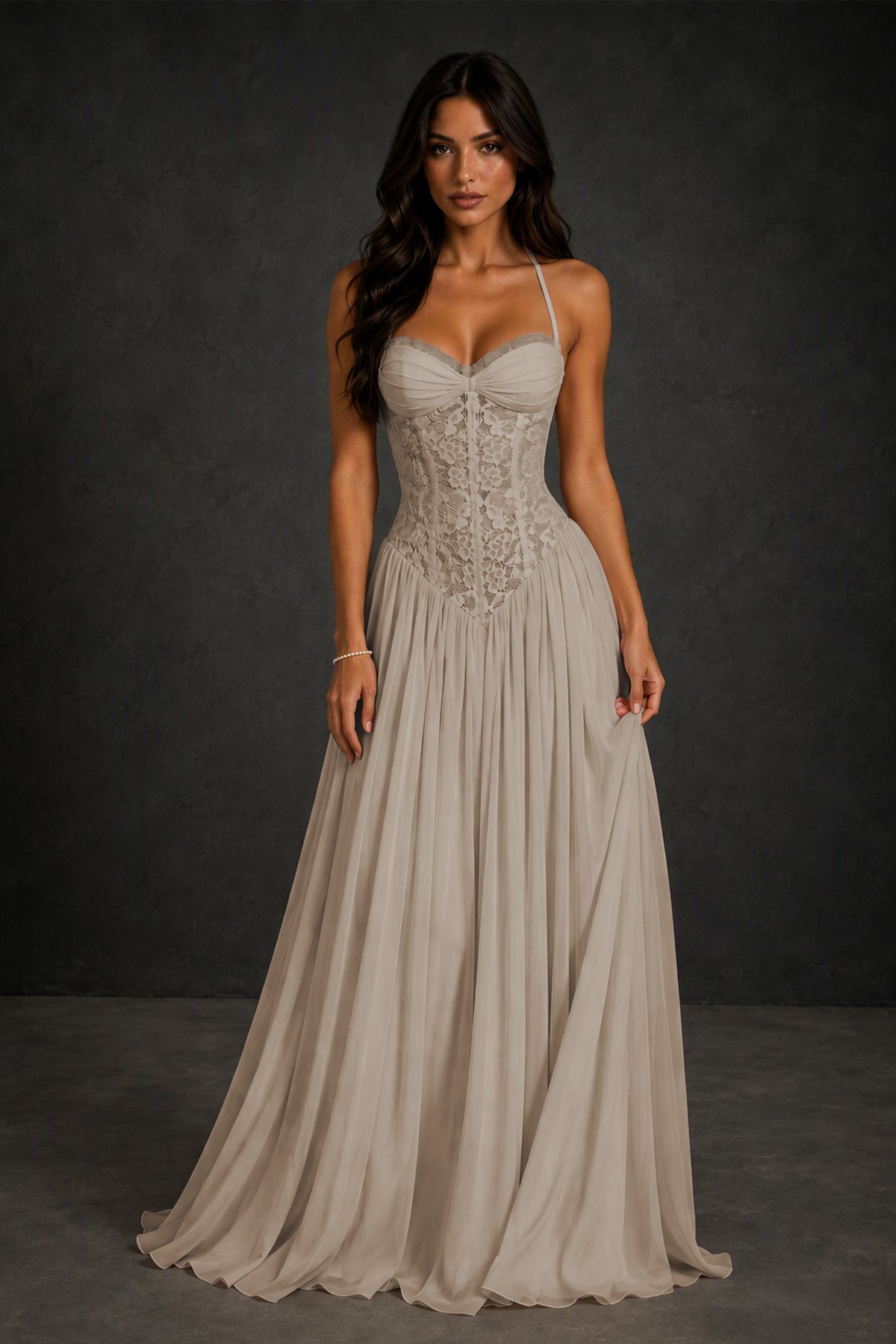 BOLODOO Taupe Lace Corset Halter Maxi Gown – Backless A-Line Formal Dress - Taupe