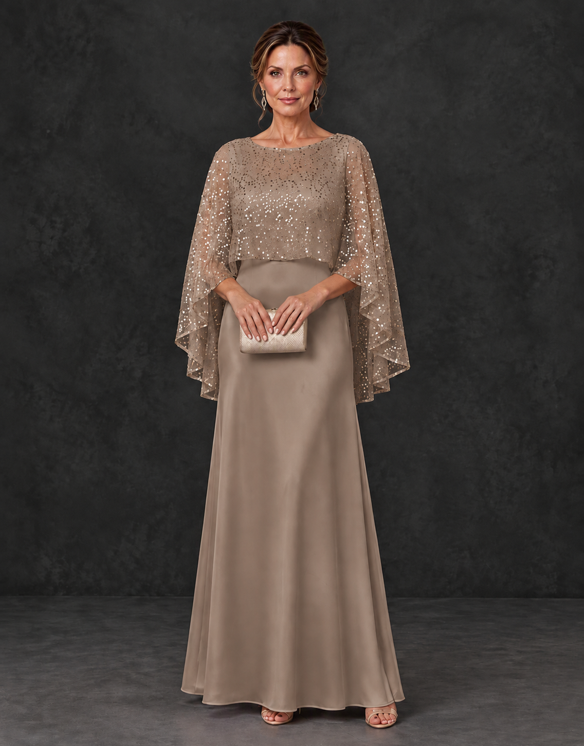 BOLODOO Taupe Sparkle Cape Sleeve Mother of the Bride Dress - Taupe - Taupe_1