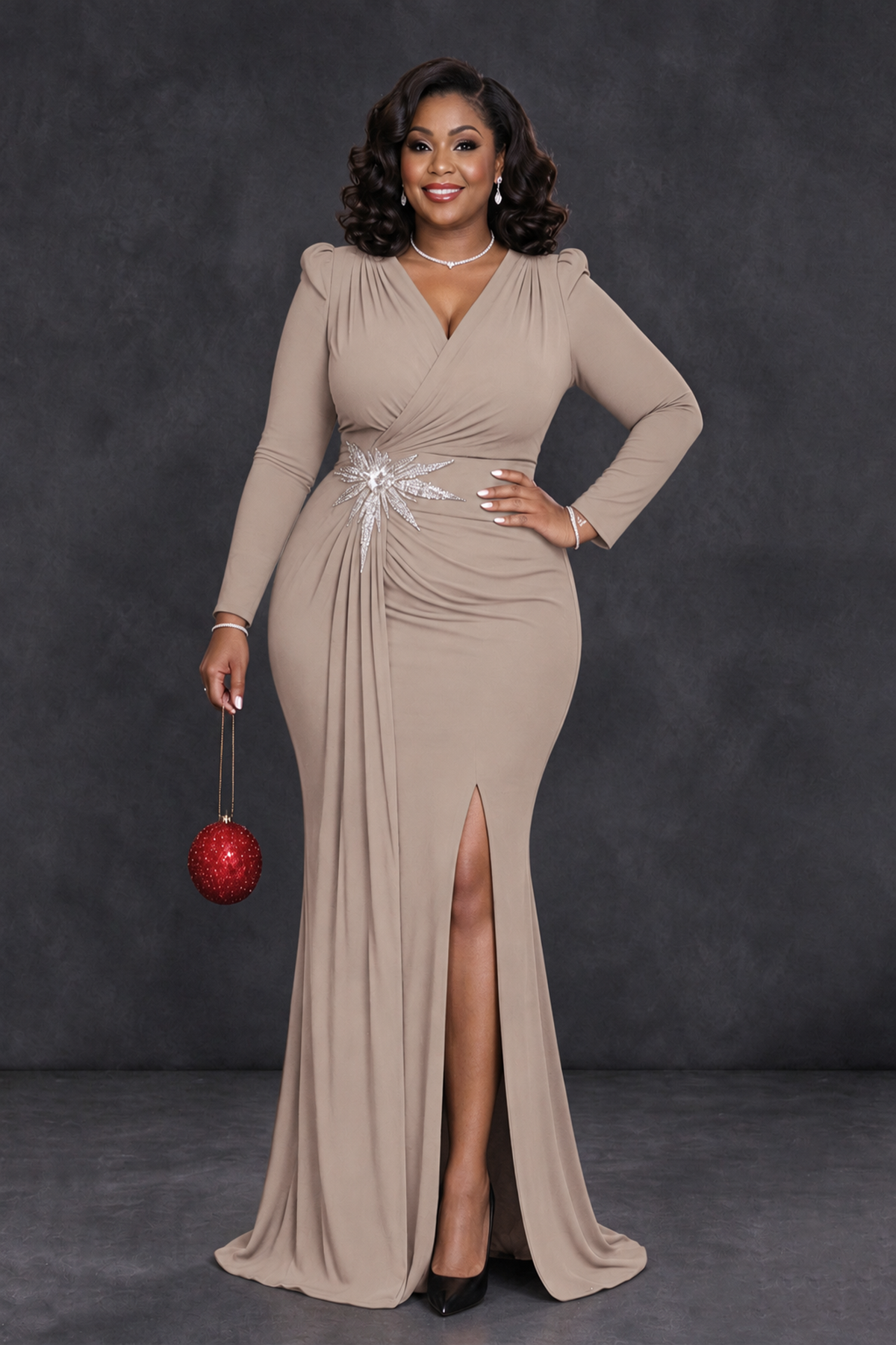 BOLODOO Taupe Plus Size Long Sleeve V-Neck Mother of the Bride Dress with Slit - Taupe - Taupe_1
