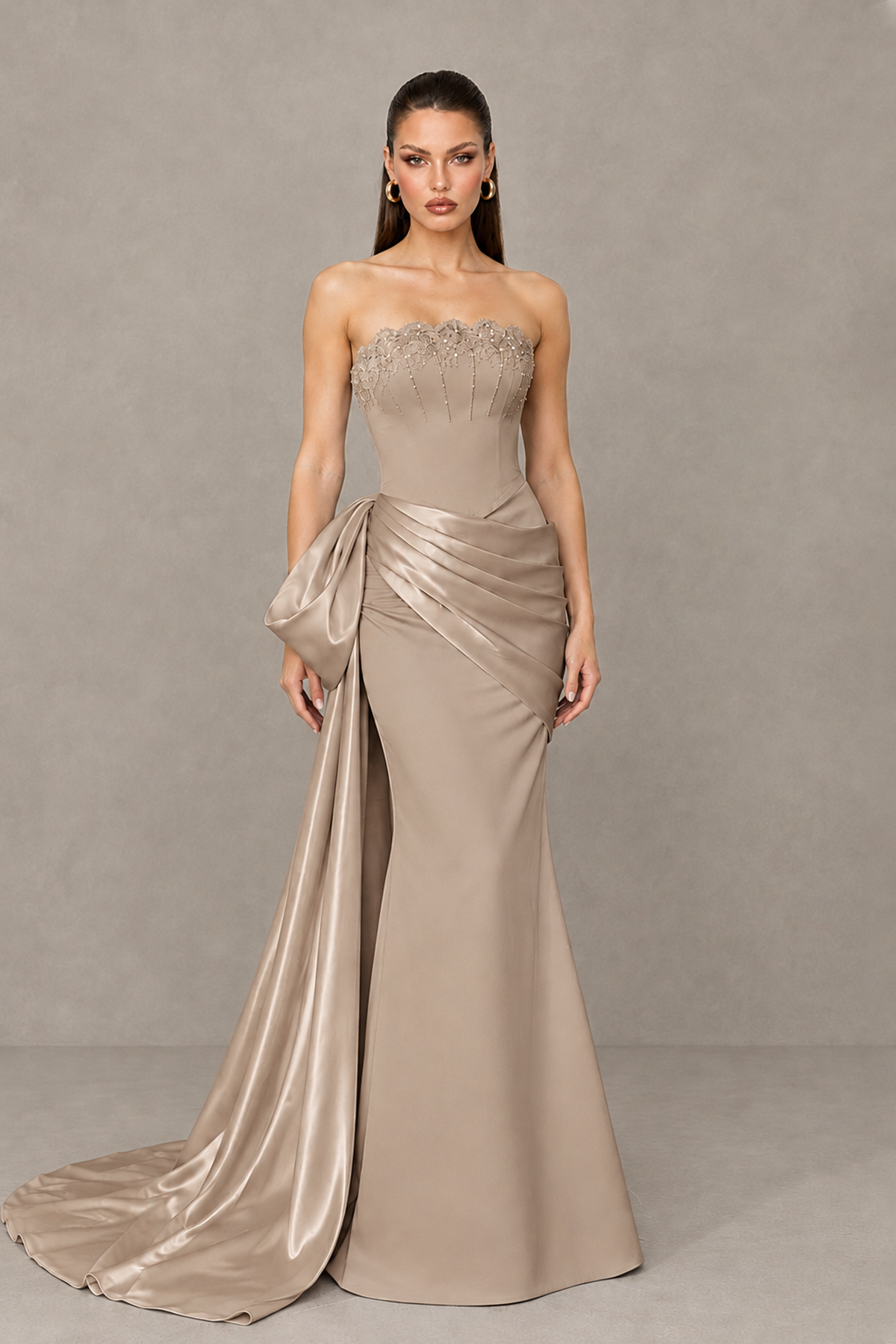 BOLODOO Taupe Strapless Satin Prom Dress with Draped Side Train - Taupe - Taupe_1