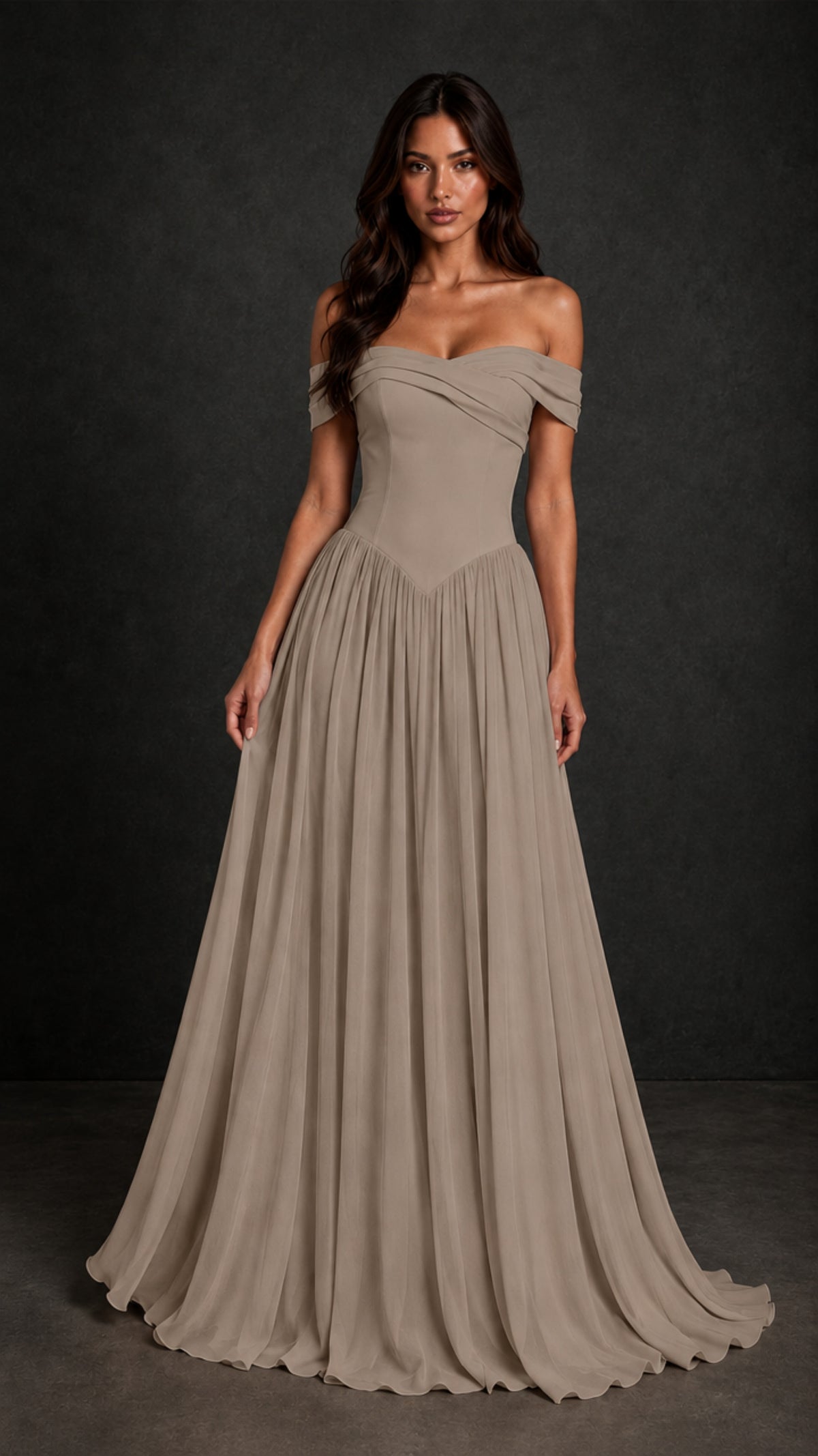 BOLODOO Taupe Off-Shoulder Sweetheart Corset Pleated Chiffon Maxi Dress - Taupe