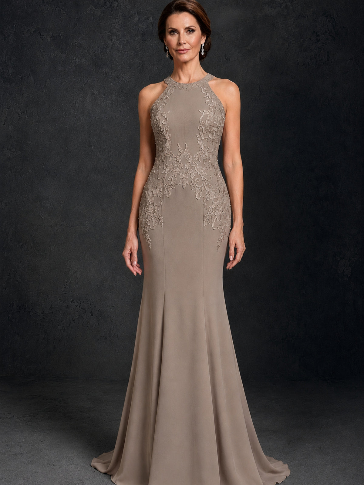 BOLODOO Taupe Lace Applique Halter Neck Sheer Back Mermaid Maxi Dress with Sweep Train - Taupe