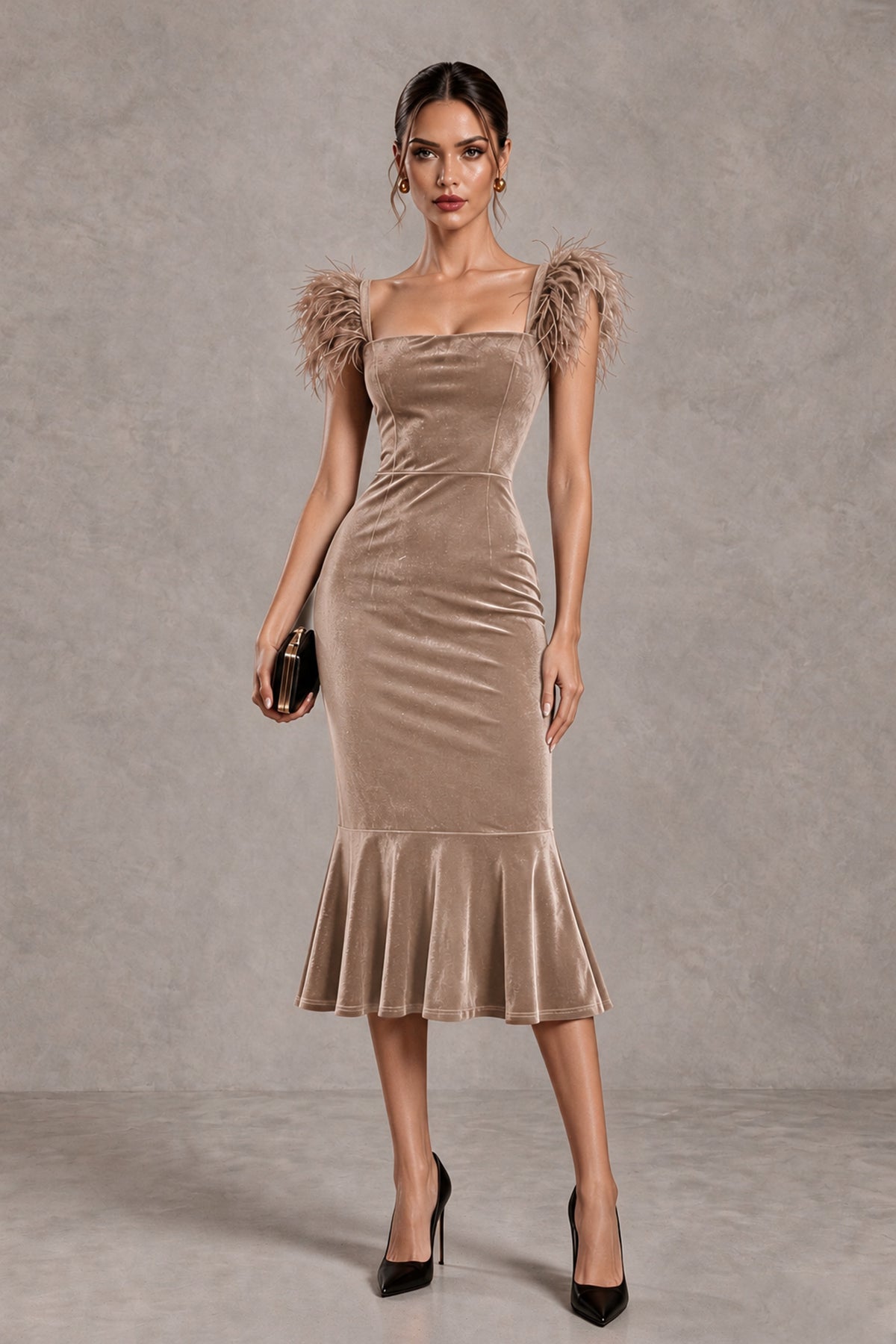 BOLODOO Taupe Feather-Trim Velvet-Look Mermaid Midi Dress - Taupe - Taupe_1