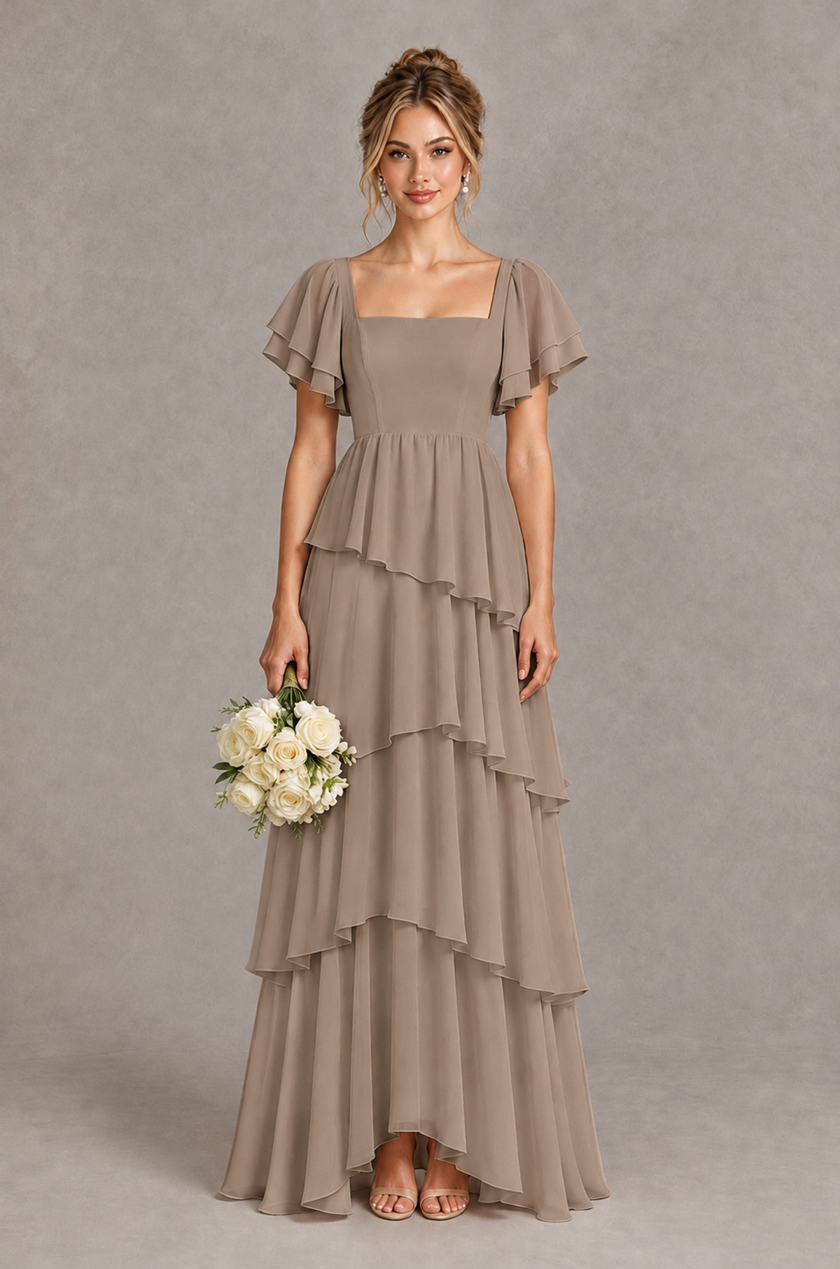 BOLODOO Taupe Square Neck Flutter Sleeve Tiered Chiffon Bridesmaid Dress with Lace-Up Back - Taupe - Taupe_1