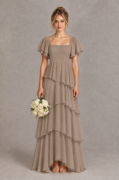 BOLODOO Taupe Square Neck Flutter Sleeve Tiered Chiffon Bridesmaid Dress with Lace-Up Back - Taupe - Taupe_1
