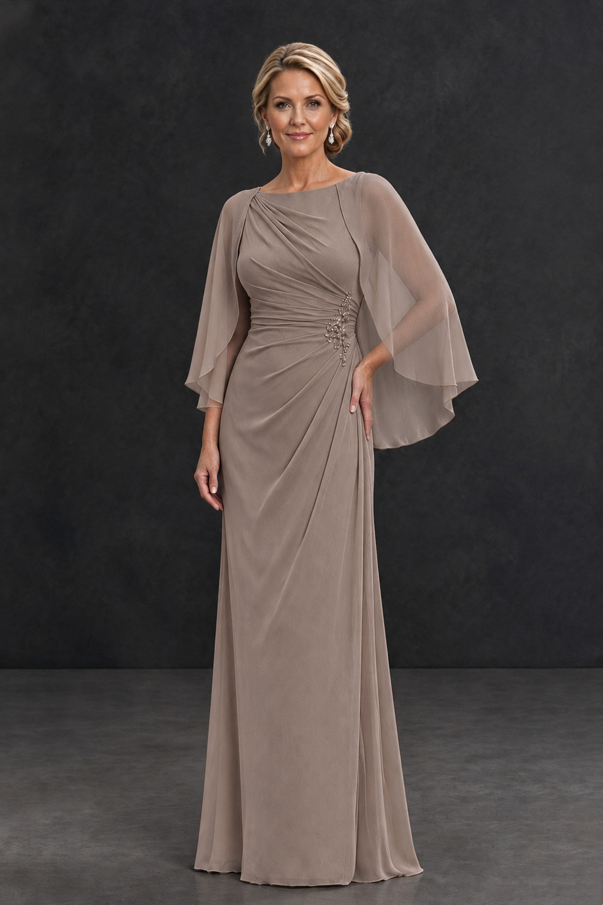BOLODOO Taupe Cape Sleeve Mother of the Bride Dress with Ruched Waist - Taupe - Taupe_1