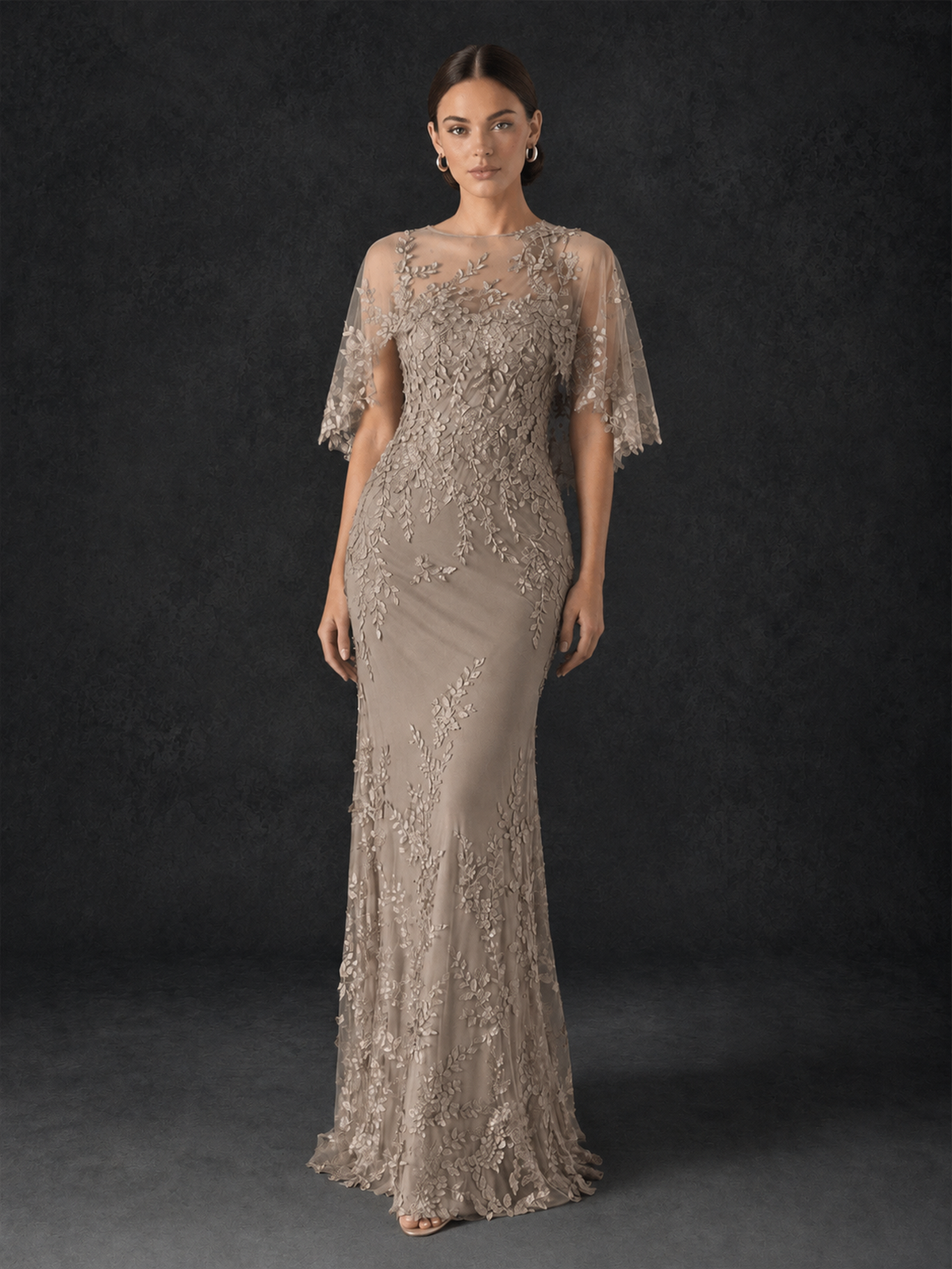 BOLODOO Mocha Taupe Botanical Lace Flutter Sleeve Mermaid Gown - Taupe