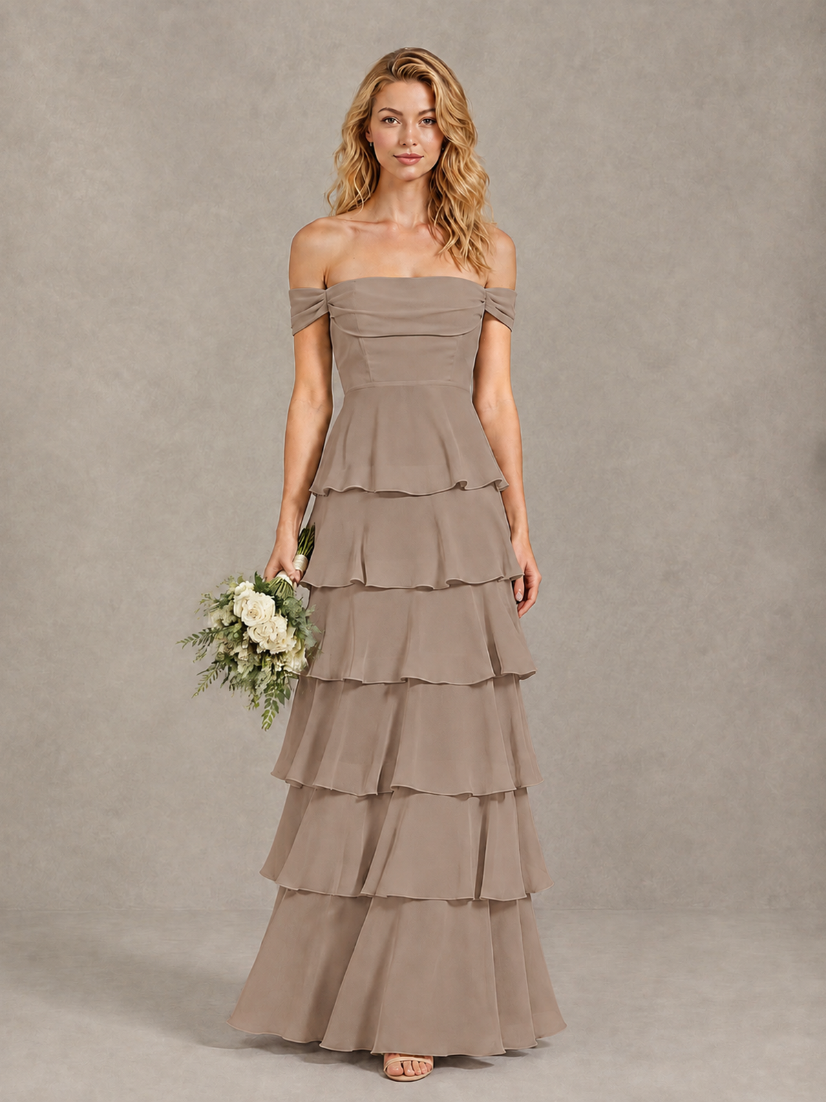 BOLODOO Taupe Off-Shoulder Tiered Ruffle Bridesmaid Dress with Lace-Up Back - Taupe - Taupe_1