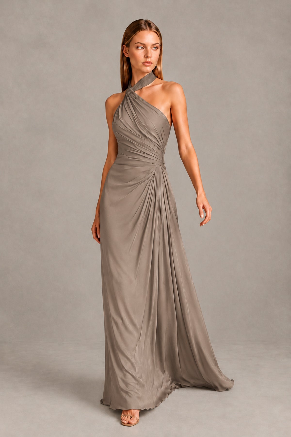 BOLODOO Taupe Twisted Halter Neck Ruched Sleeveless Open Back Floor-Length Gown - Taupe - Taupe_1