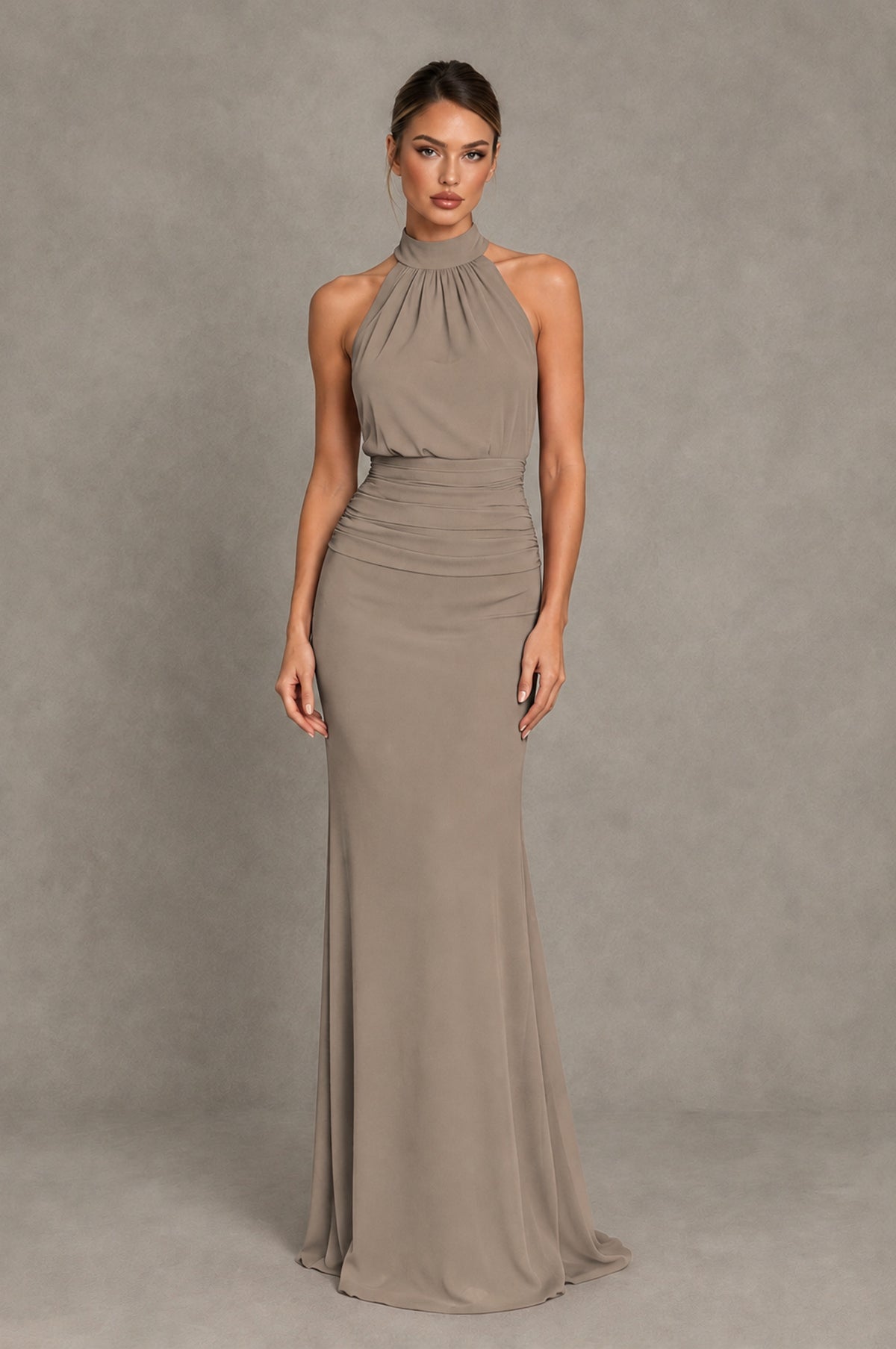 BOLODOO Taupe Chiffon Halter Maxi Formal Wedding Guest Dress - Taupe - Taupe_1