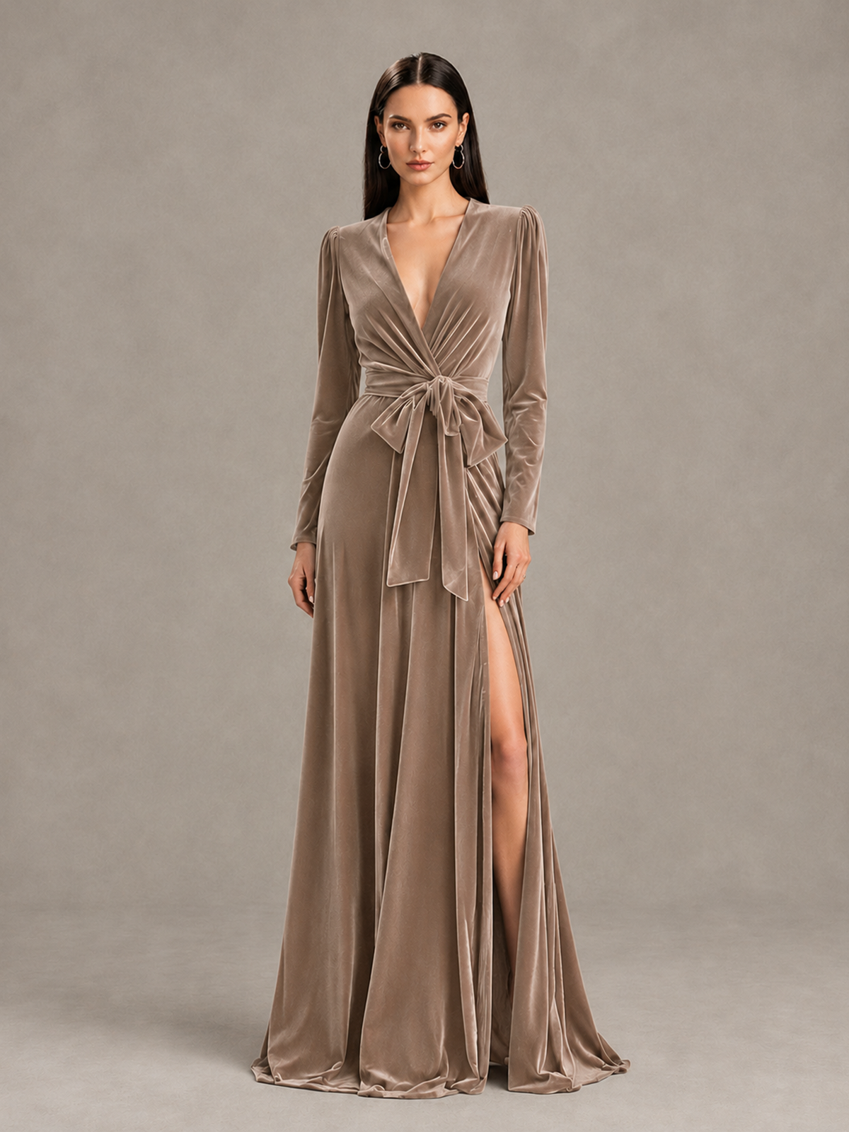 BOLODOO Taupe Long Sleeve Velvet-Look Evening Dress with High Slit - Taupe - Taupe_1