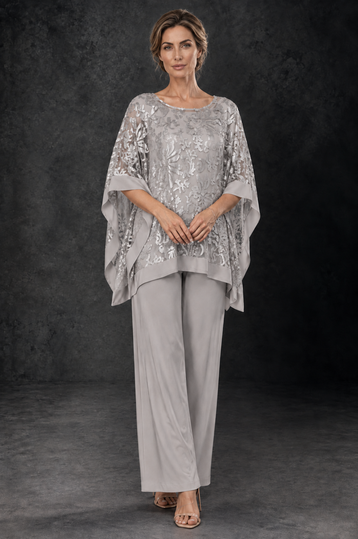 BOLODOO Taupe Floral Cape Mother of the Bride Pant Suit - Taupe - Taupe_1
