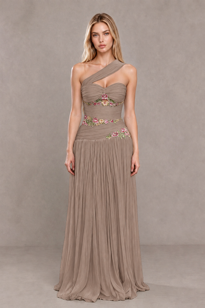 BOLODOO Taupe One-Shoulder Floral Applique A-Line Evening Dress - Taupe - Taupe_1