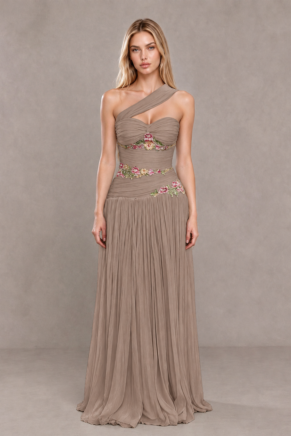 BOLODOO Taupe One-Shoulder Floral Applique A-Line Evening Dress - Taupe - Taupe_1