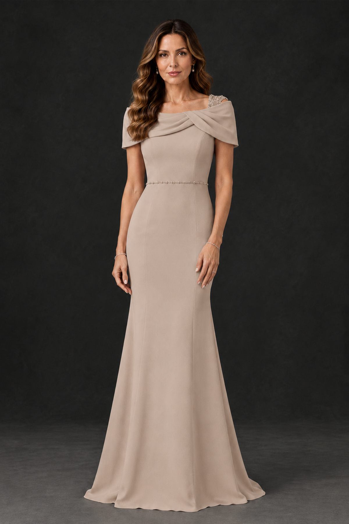 BOLODOO Taupe Mother of the Bride Dress with Draped Cape Detail - Taupe - Taupe_1