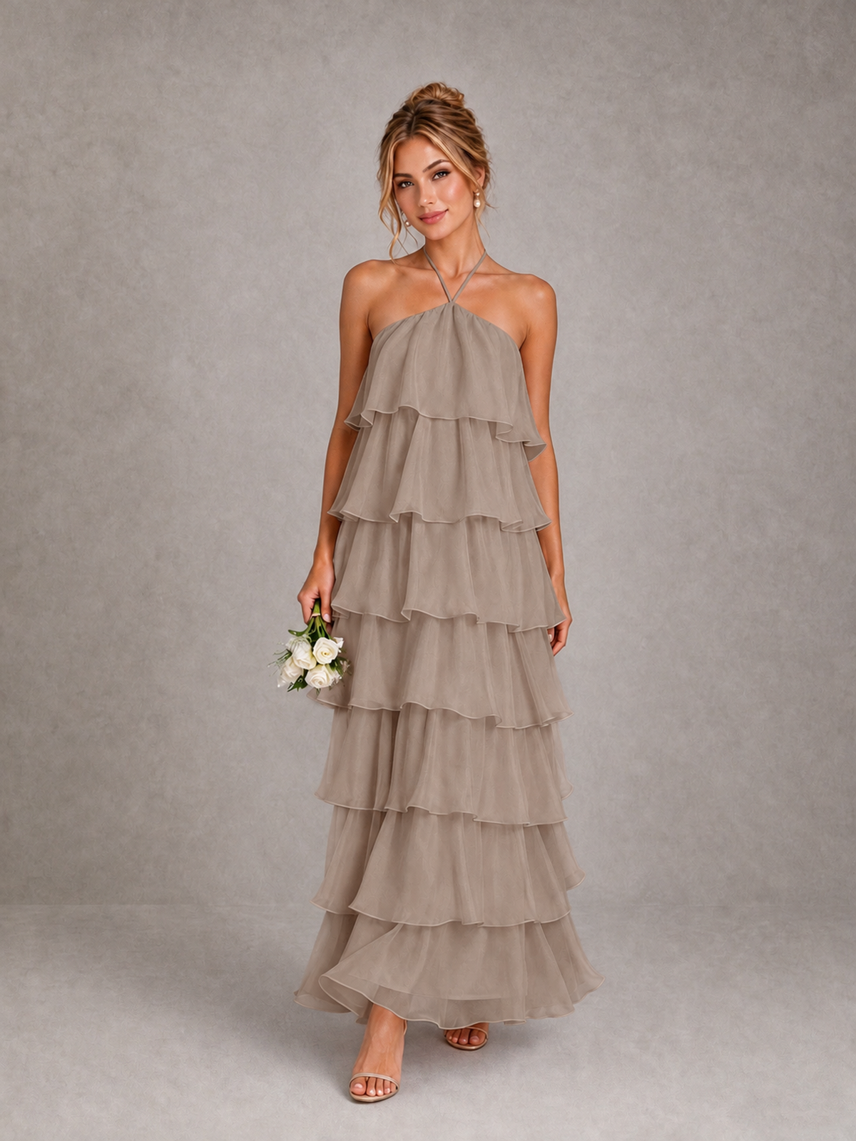 BOLODOO Taupe Halter Tiered Ruffle Maxi Bridesmaid Dress - Taupe - Taupe_1