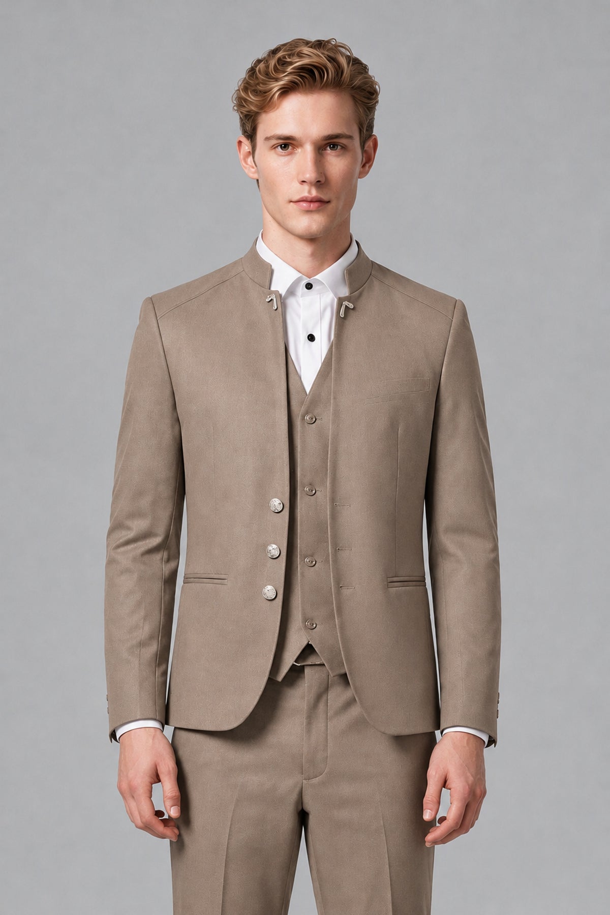 Bolodoo Men's Taupe Mandarin Collar 3-Piece Suit – Jacket, Vest & Trousers - Taupe - Taupe_1