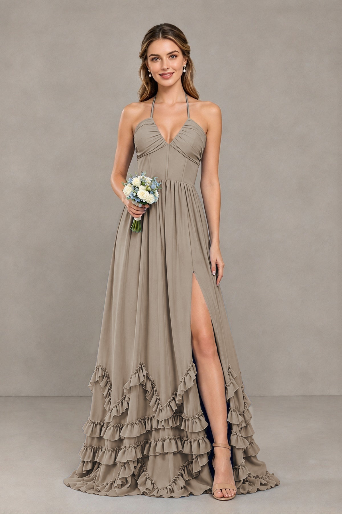 BOLODOO Taupe Halter Ruffle Hem A-Line Bridesmaid Dress with High Slit - Taupe - Taupe(1)
