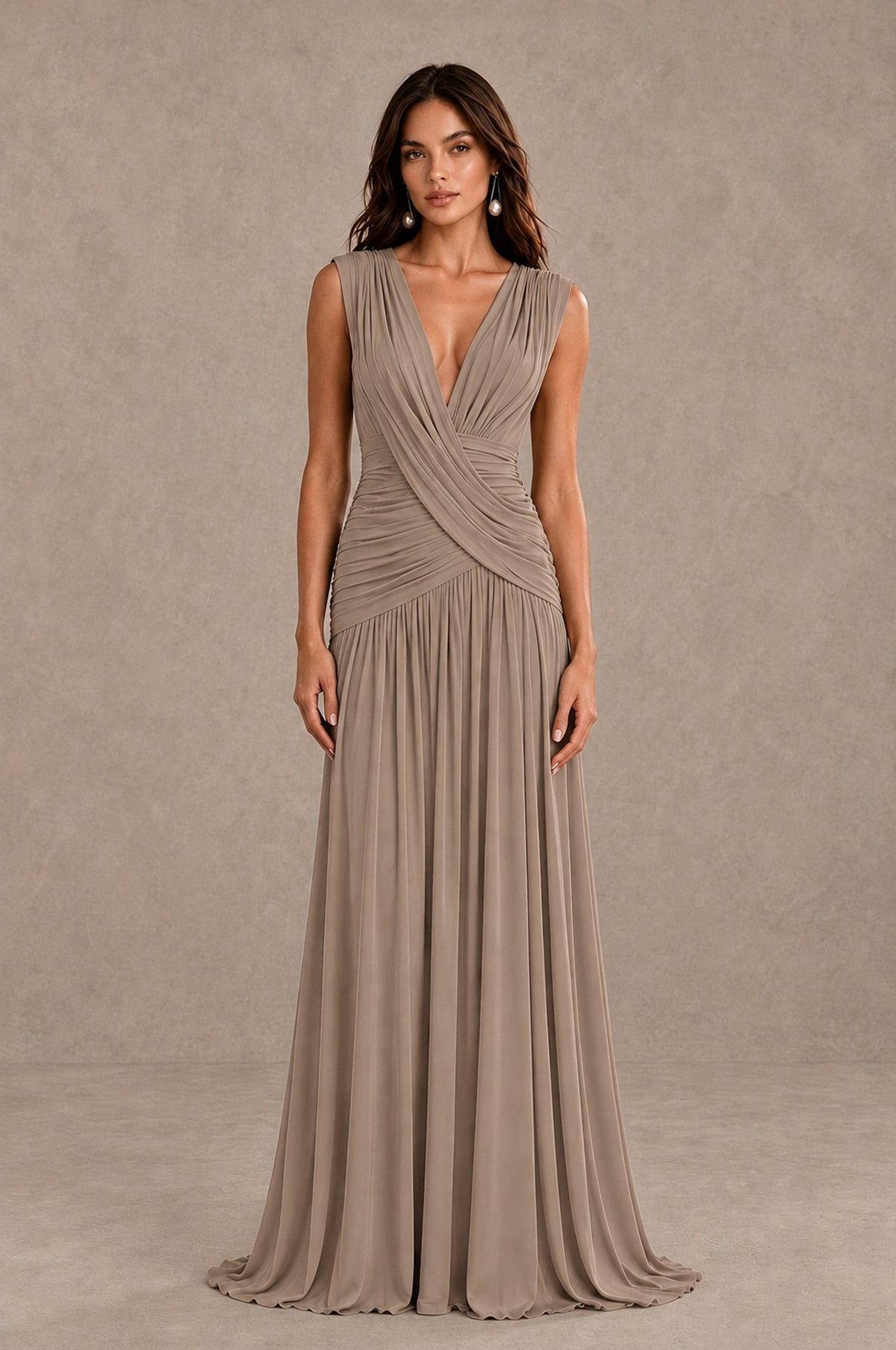 BOLODOO Taupe V-Neck Ruched Wedding Guest Dress - Taupe - Taupe_1