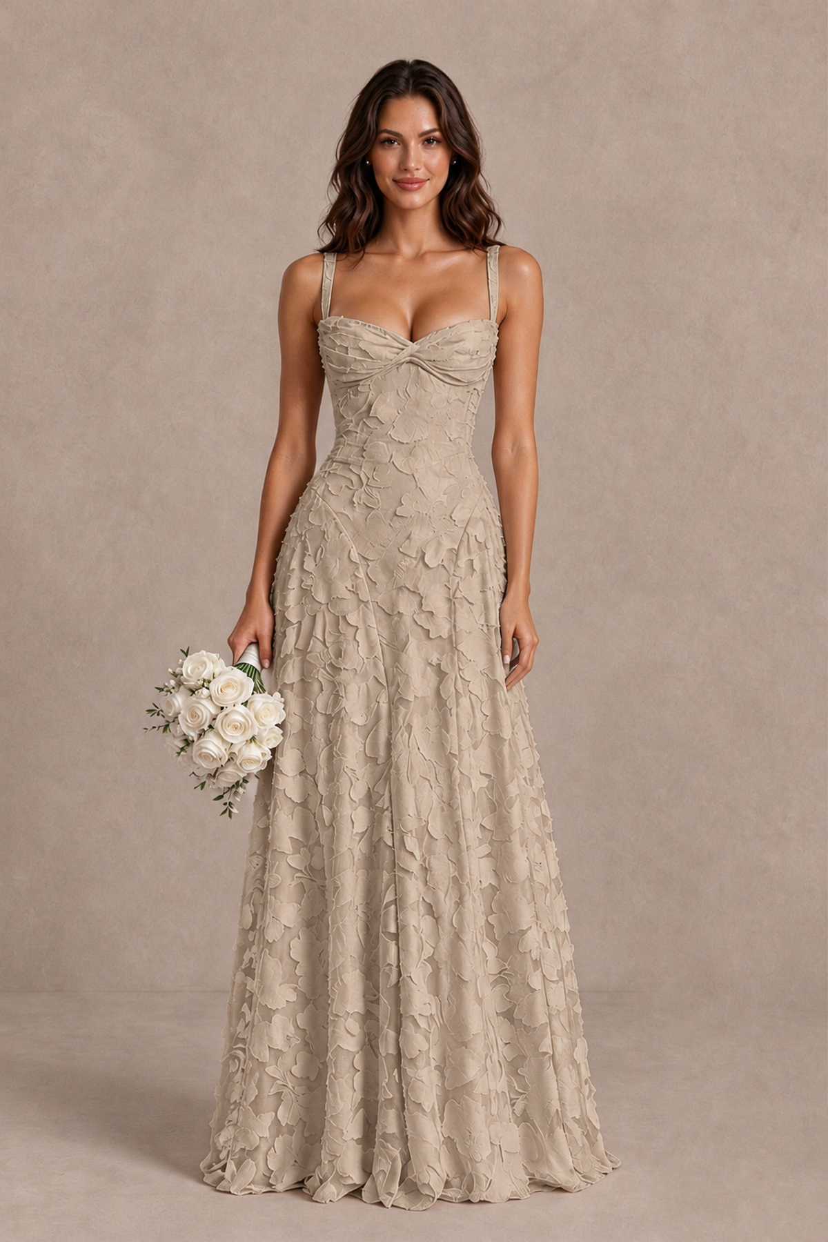 BOLODOO Taupe Floral-Textured A-Line Dress with Lace-Up Back - Taupe - Taupe_1
