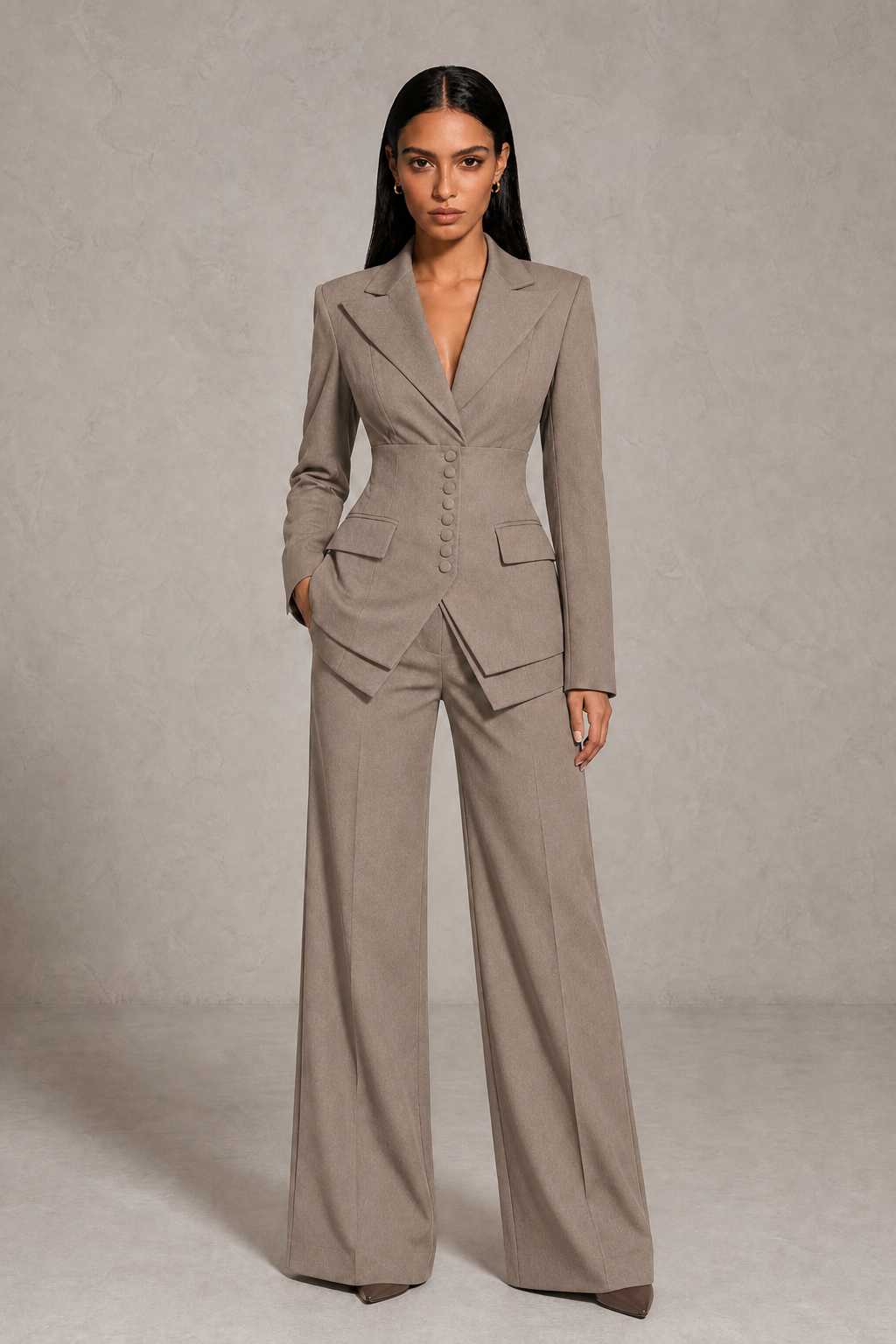 BOLODOO Taupe Cinched Waist Blazer and Wide Leg Pants Two Piece Suit Set - Taupe
