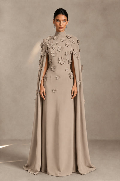 BOLODOO Taupe 3D Floral Applique Cape Formal Dress - Taupe - Taupe_1