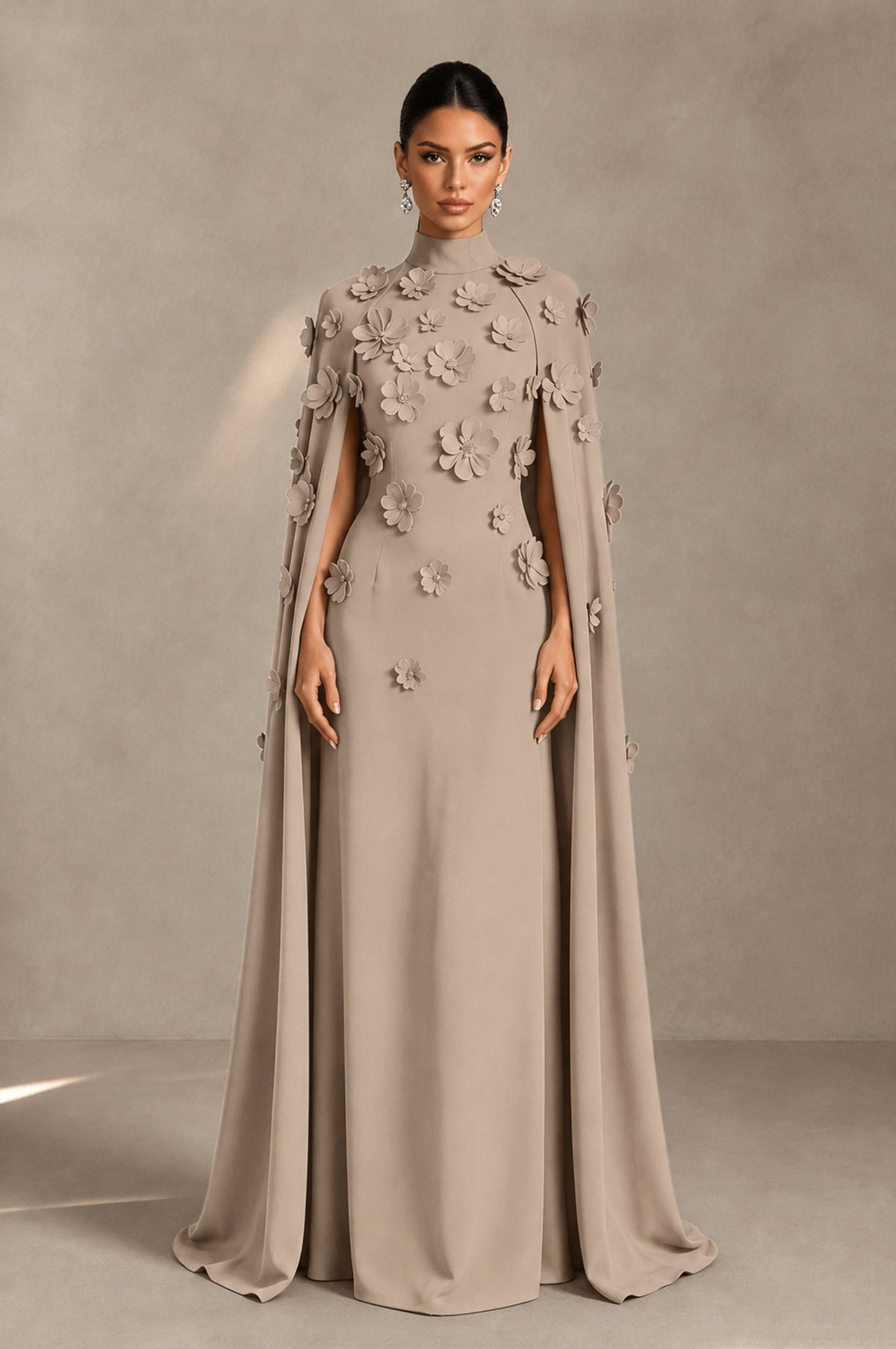 BOLODOO Taupe 3D Floral Applique Cape Formal Dress - Taupe - Taupe_1