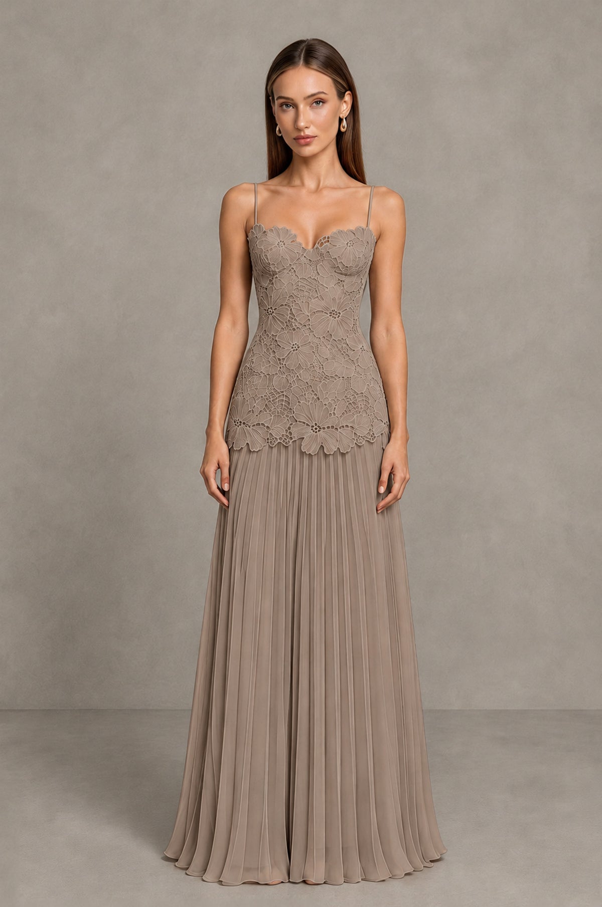 BOLODOO Taupe Lace Bodice Pleated Wedding Guest Dress - Taupe - Taupe_1
