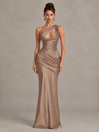 BOLODOO Taupe One-Shoulder Cutout Satin Mermaid Prom Dress - Taupe - Taupe_1