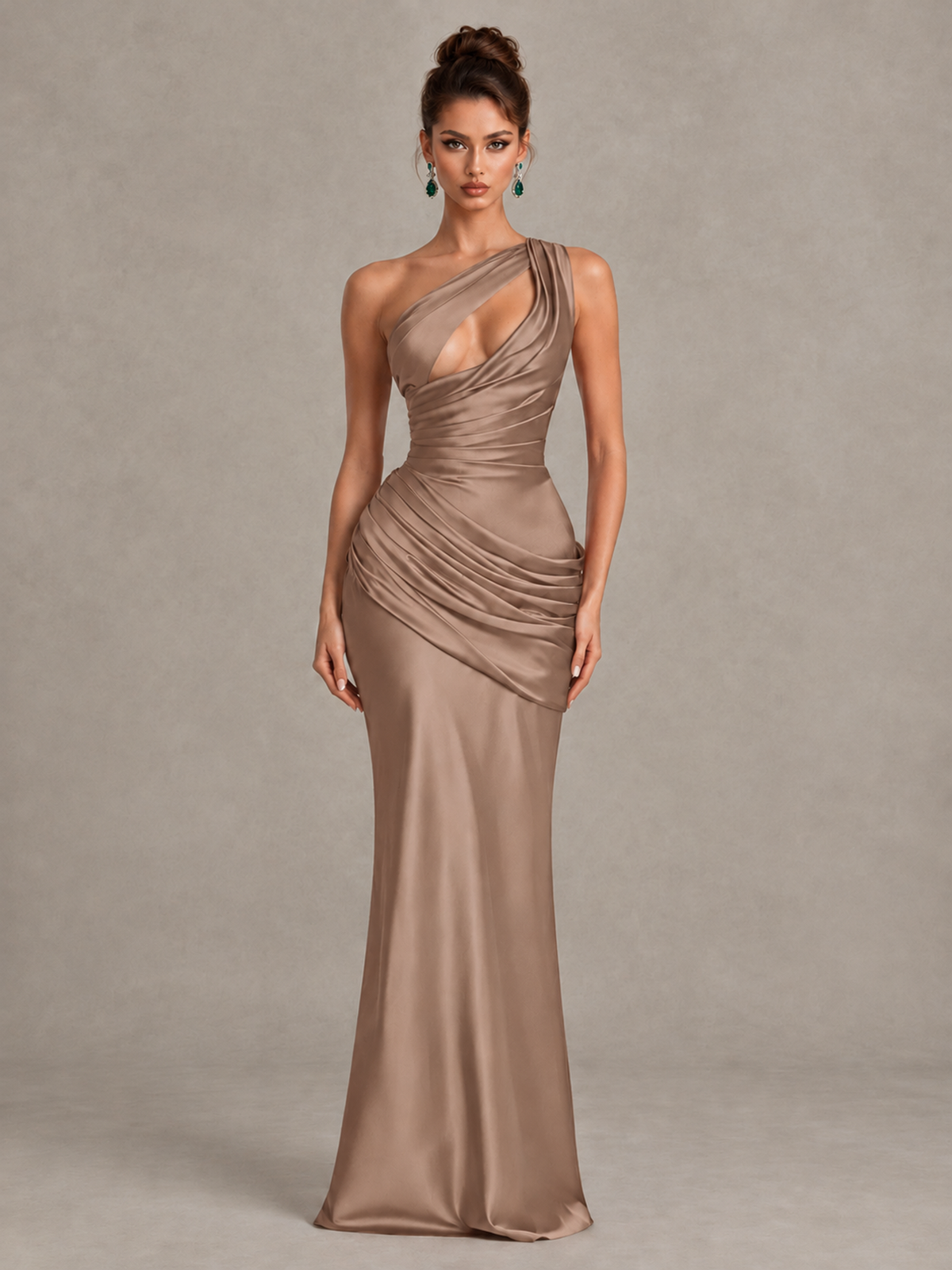 BOLODOO Taupe One-Shoulder Cutout Satin Mermaid Prom Dress - Taupe - Taupe_1