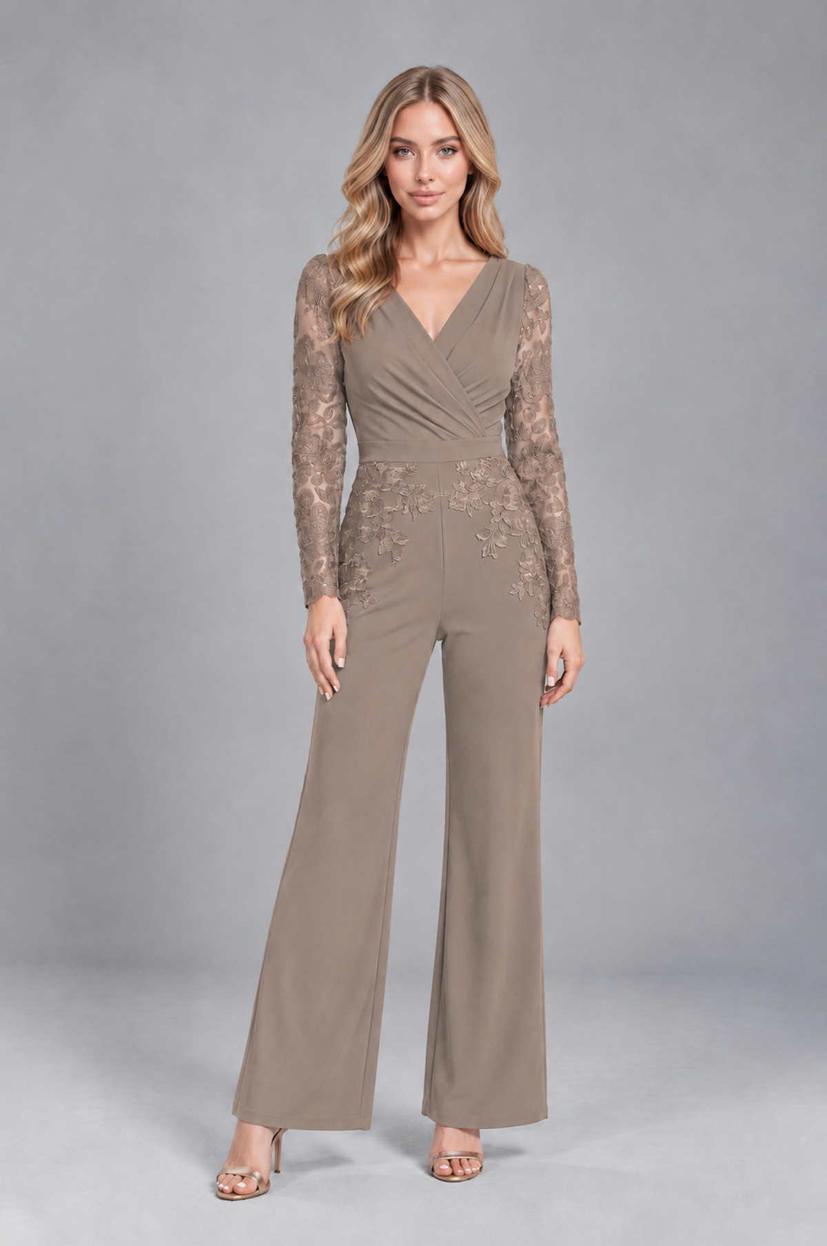 BOLODOO Taupe Lace Long-Sleeve V-Neck Mother Pant Suit - Taupe - Taupe_1