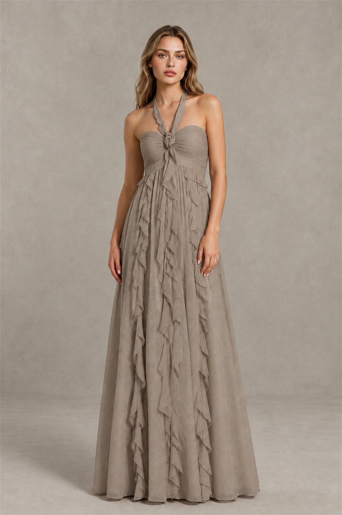 BOLODOO Taupe Halter Ruffle A-Line Floor-Length Evening Dress - Taupe - Taupe_1