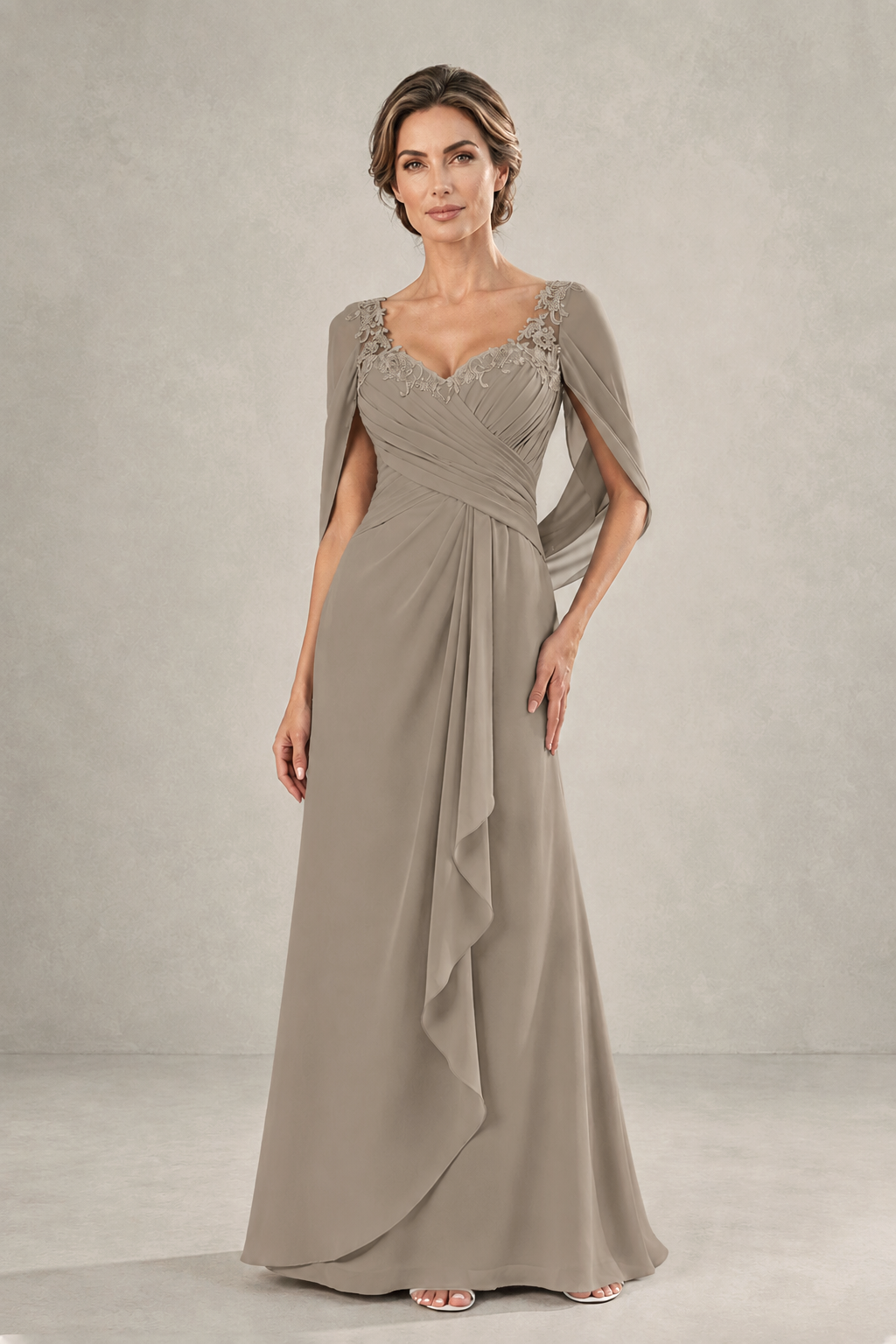BOLODOO Taupe Chiffon V-Neck Lace Applique Cape Sleeve Cascade Ruffle Lace-Up Back Sheath Maxi Evening Dress - Taupe