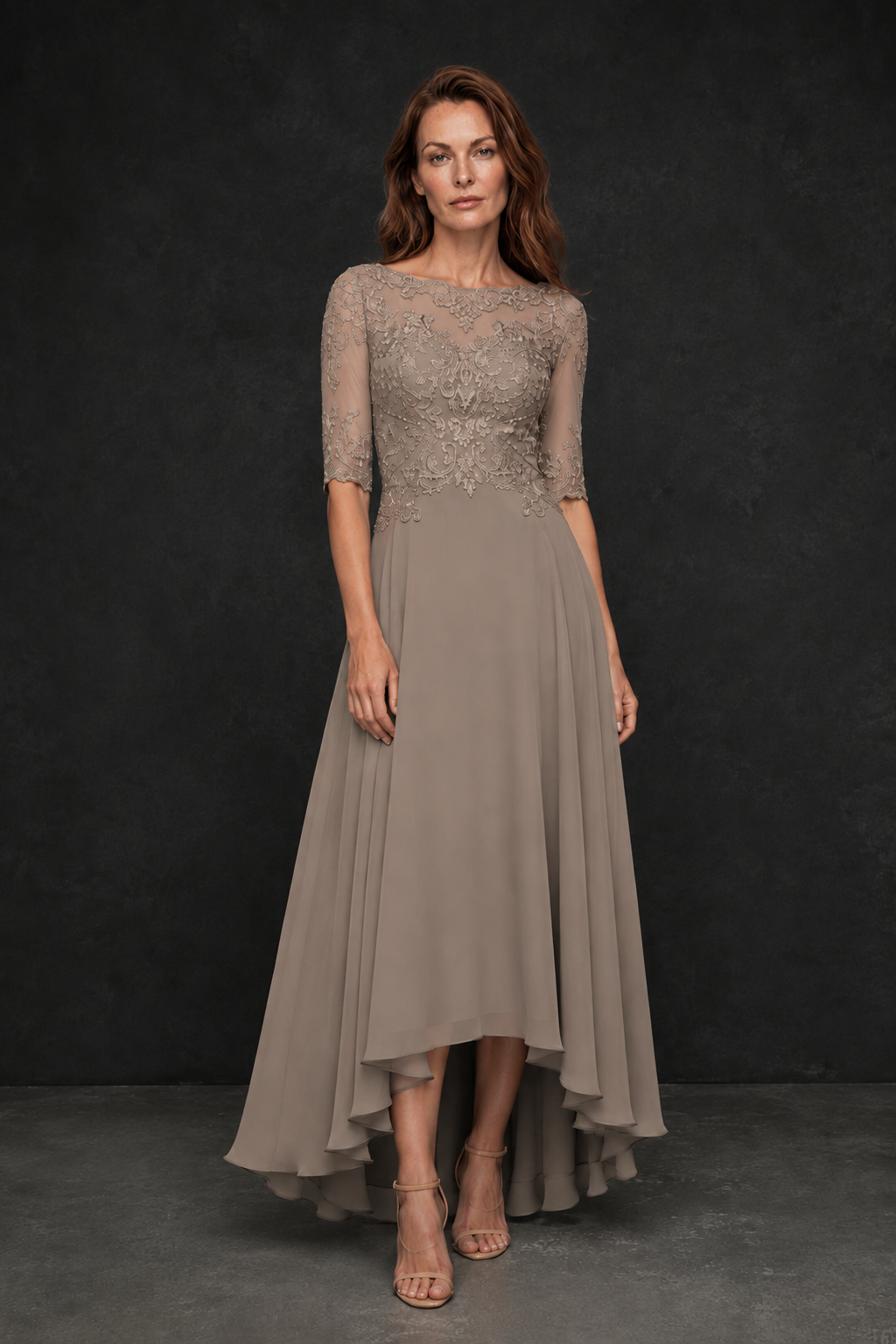 BOLODOO Taupe Illusion Lace 3/4 Sleeve Hi-Lo Chiffon A-Line Dress | Mother of the Bride Tea Length Dress - Taupe
