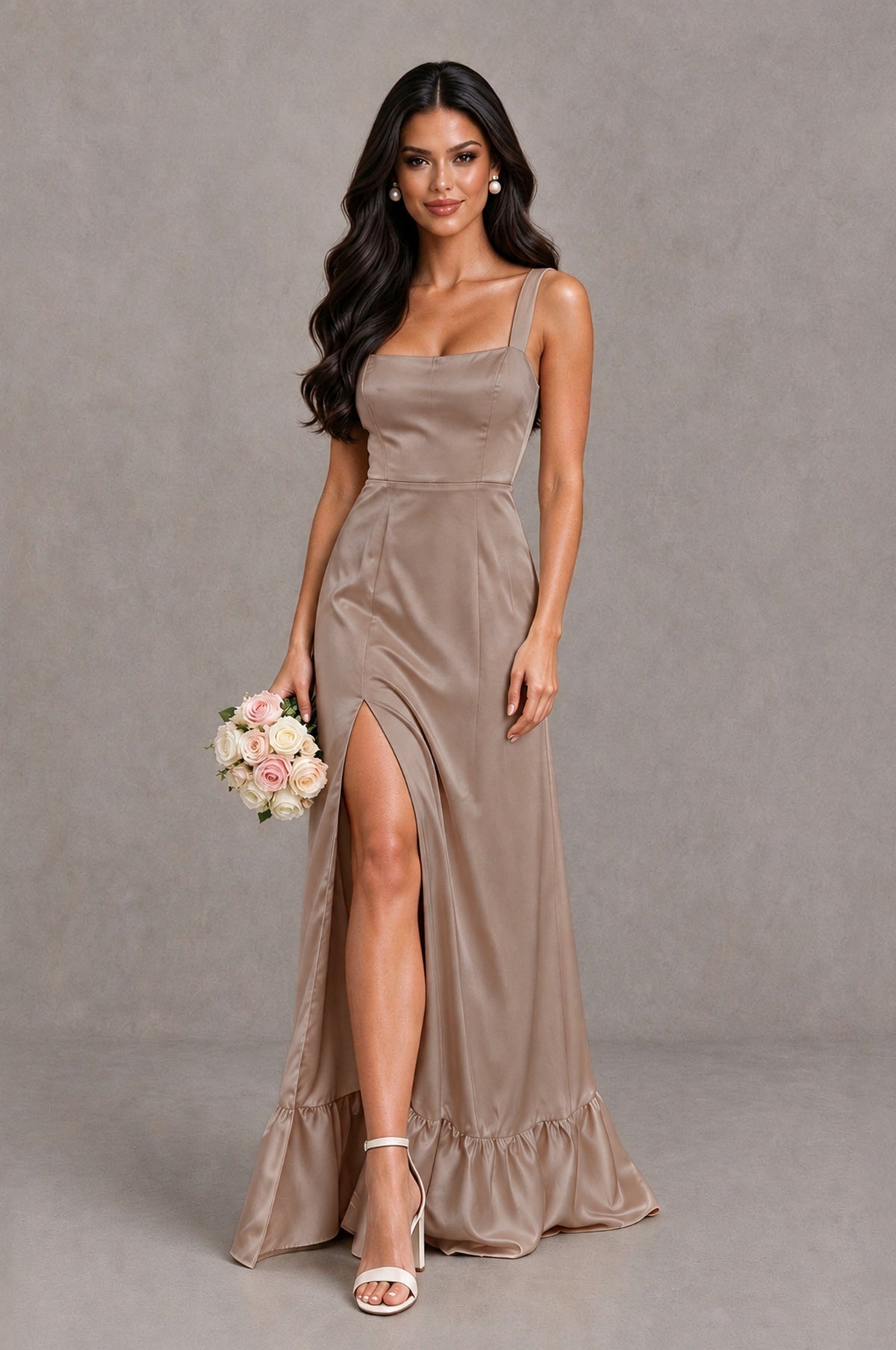BOLODOO Taupe Square Neck Satin Evening Dress with Lace-Up Back and High Slit - Taupe - Taupe_1
