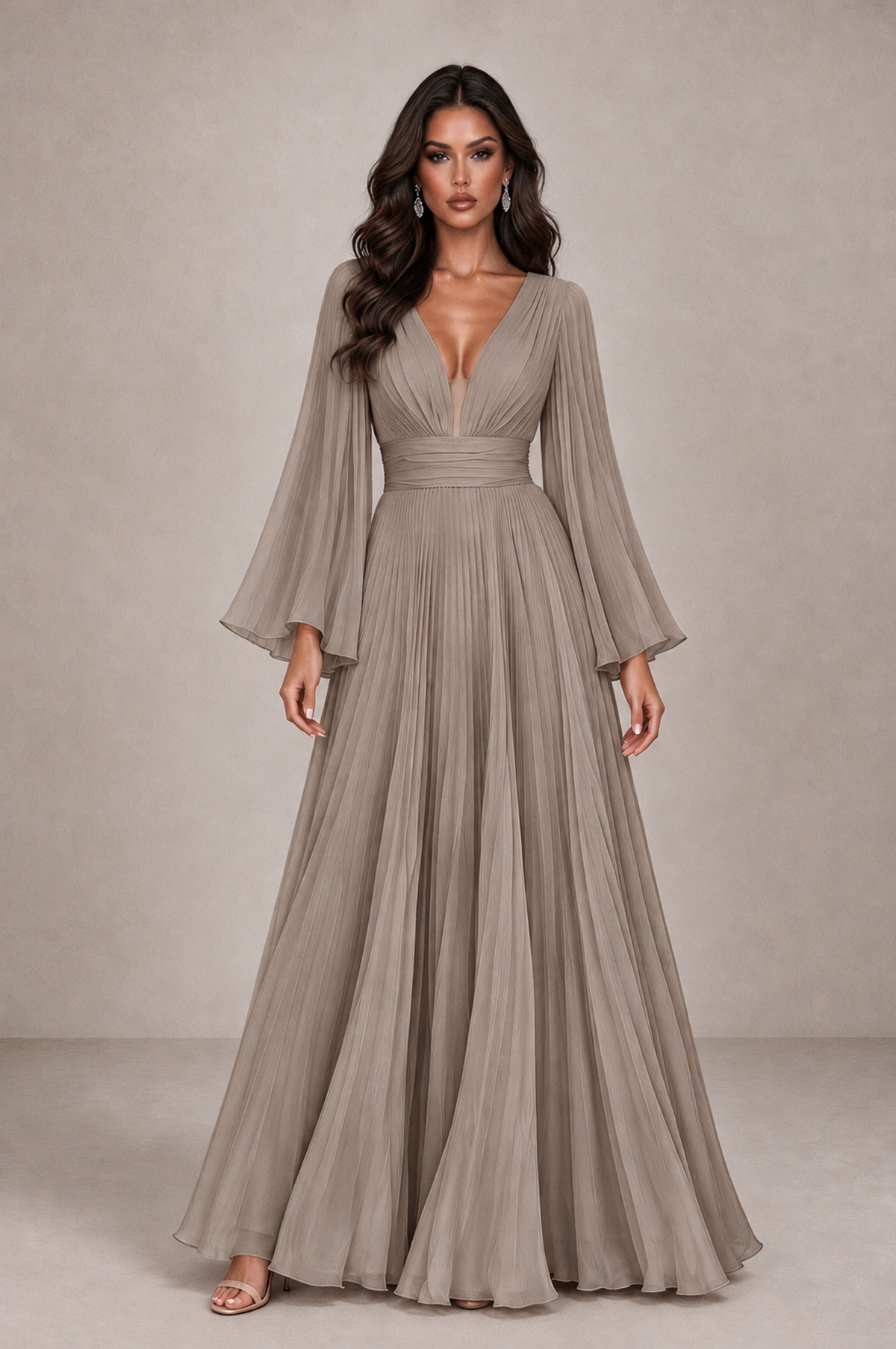 BOLODOO Taupe Pleated Deep V-Neck Long Bell Sleeve Evening Dress - Taupe - Taupe_1