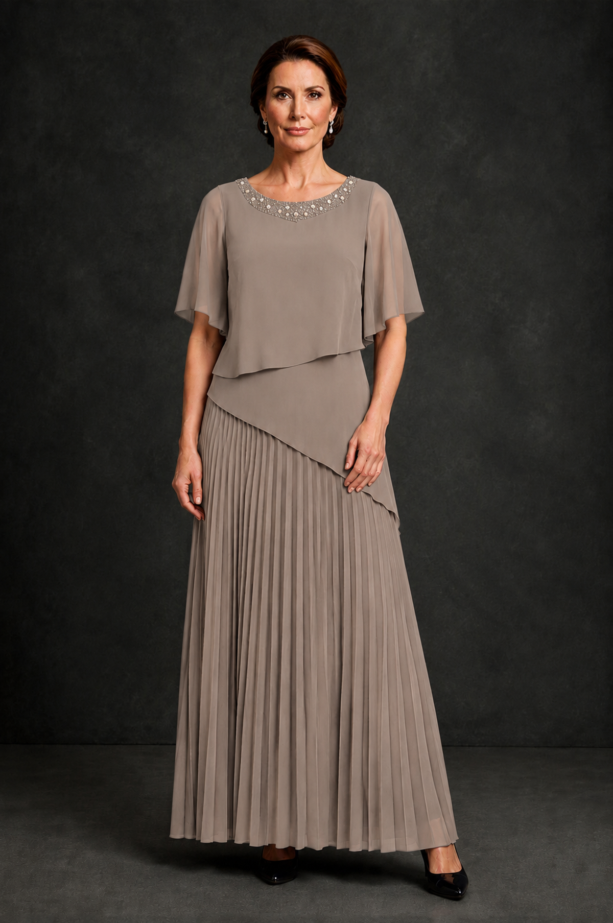 BOLODOO Taupe Pearl Beaded Neck Asymmetric Tiered Flutter Sleeve Pleated Chiffon Maxi Dress - Taupe - Taupe_1