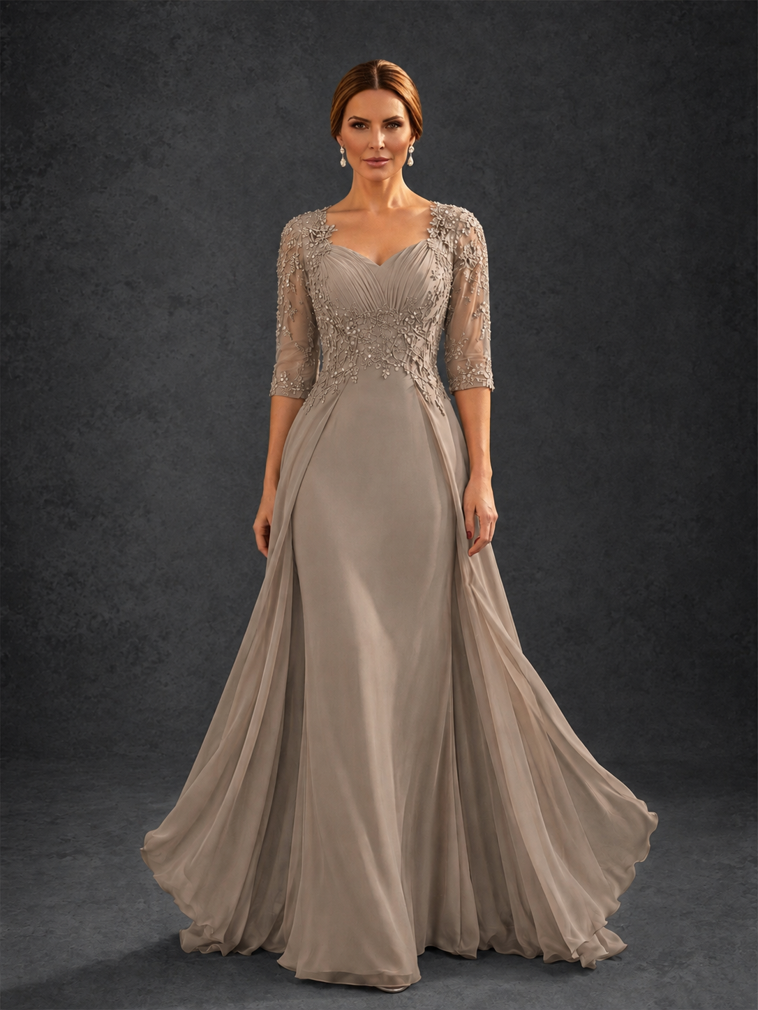 BOLODOO Taupe Sweetheart Neck 3/4 Sleeve Floral Lace Illusion Bodice Chiffon A-Line Gown - Taupe