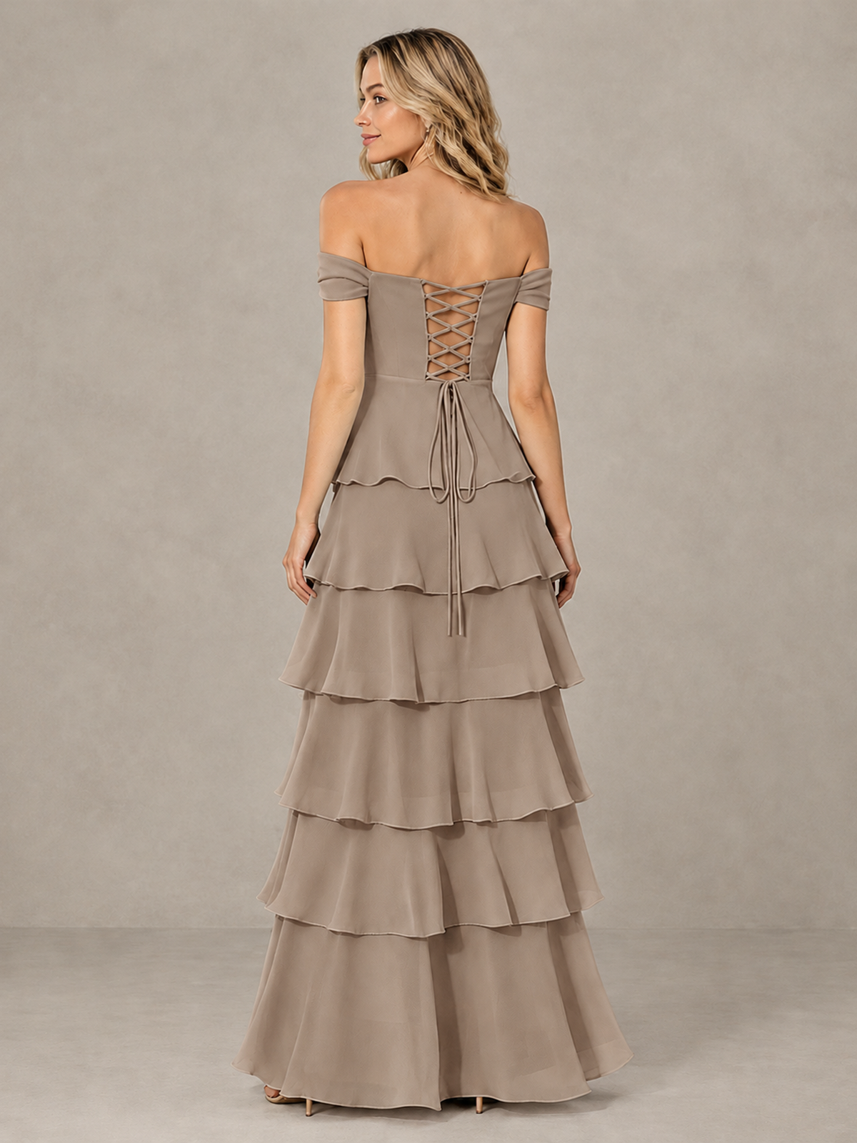 BOLODOO Taupe Off-Shoulder Tiered Ruffle Bridesmaid Dress with Lace-Up Back - Taupe - Taupe_2