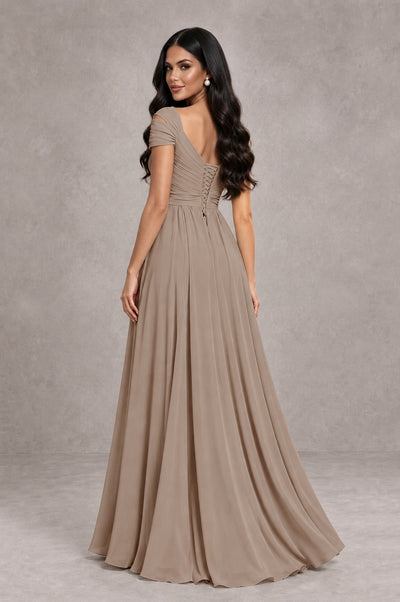 BOLODOO Taupe Cold Shoulder Chiffon Evening Dress with V Neck and High Slit - Taupe - Taupe_2